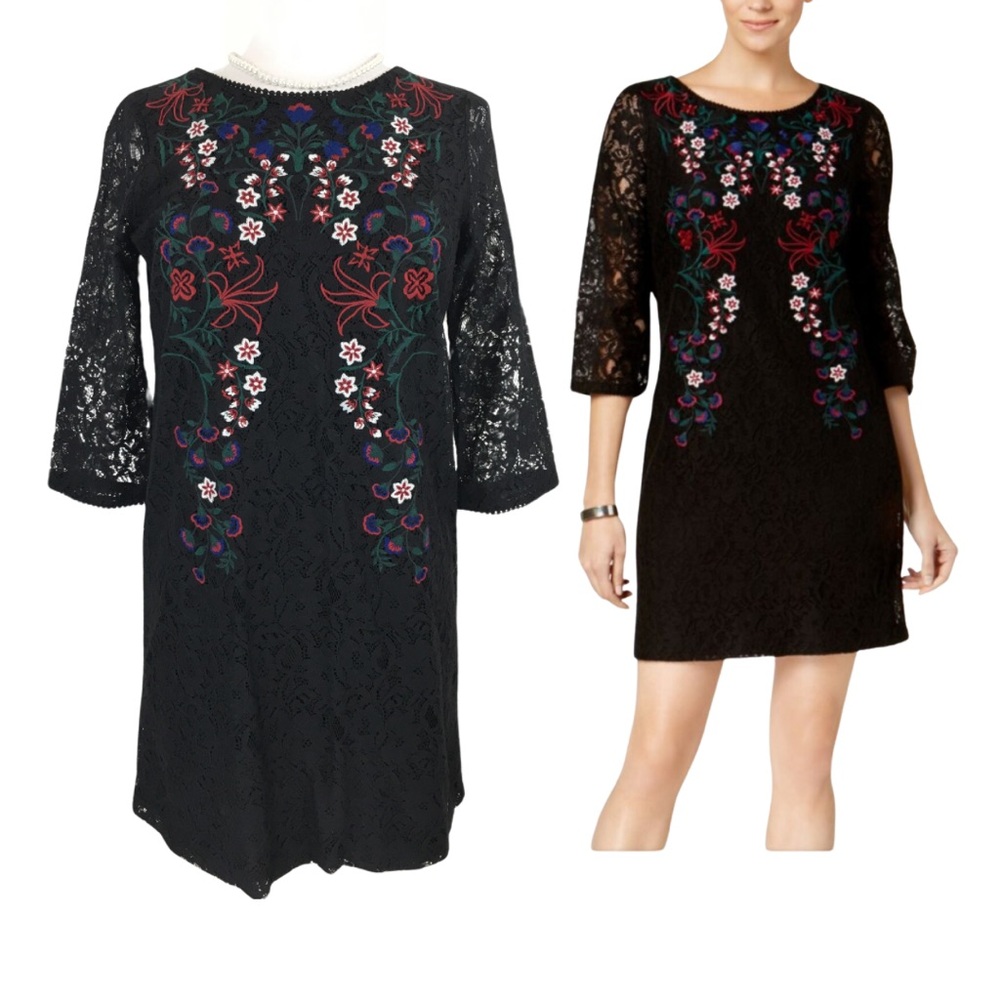 Charter Club Black Embroidered Floral Bell Sleeves Mini Petite Dress Medium